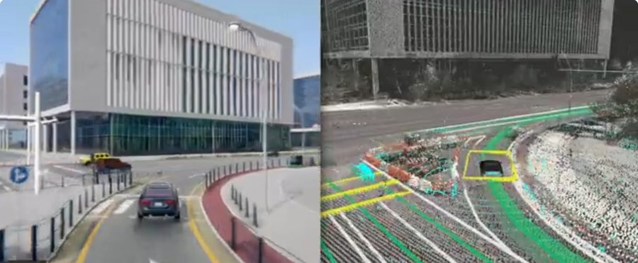 Magok LG Science Park environment in LGSVL Simulator, rendered view beside LiDAR point cloud with lane annotation